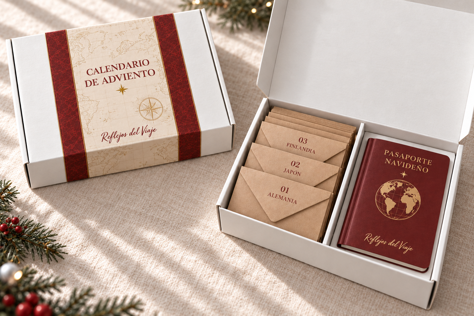 Prototipo del calendario: caja blanca con funda ilustrada, sobres numerados y pasaporte navideño