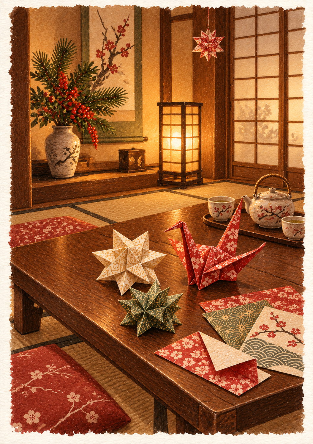 Anverso de la postal B de Japón: figuras de origami en una casa japonesa